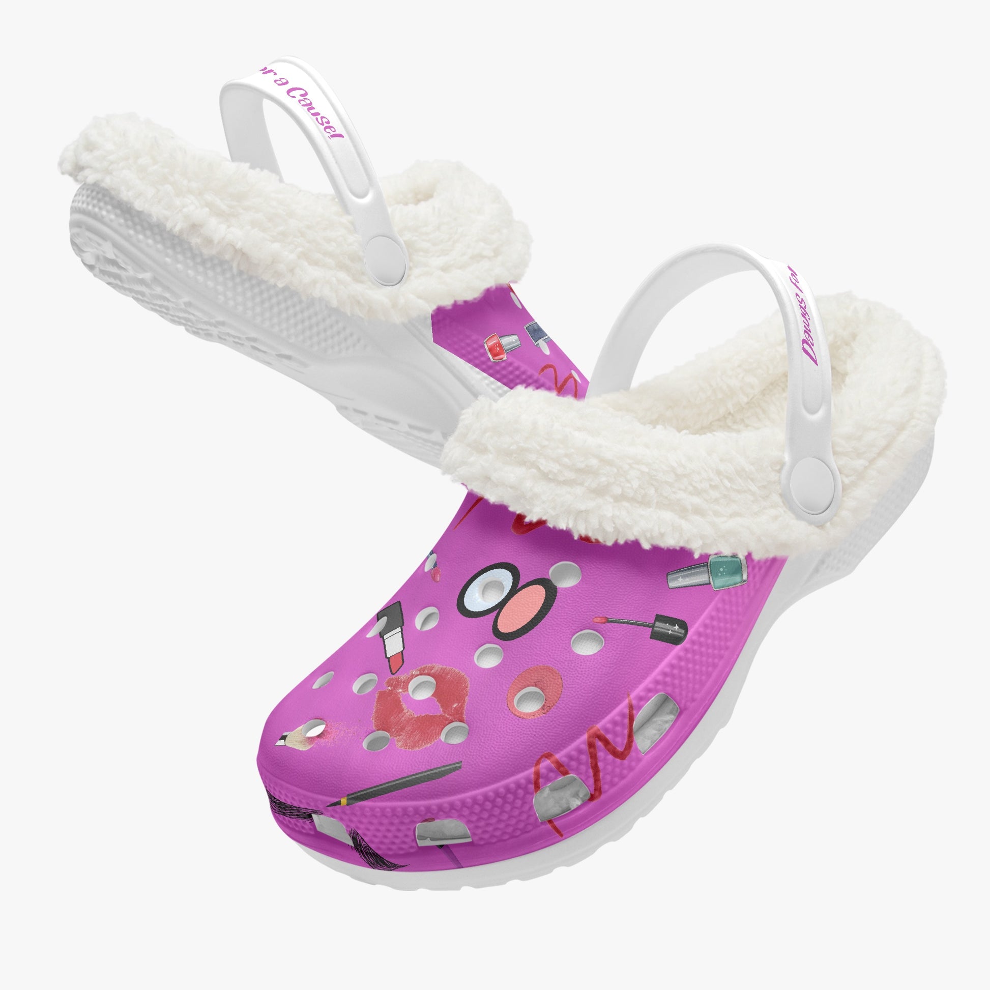 Pink fuzzy clogs for women slides with white plush lining and beauty makeup print
