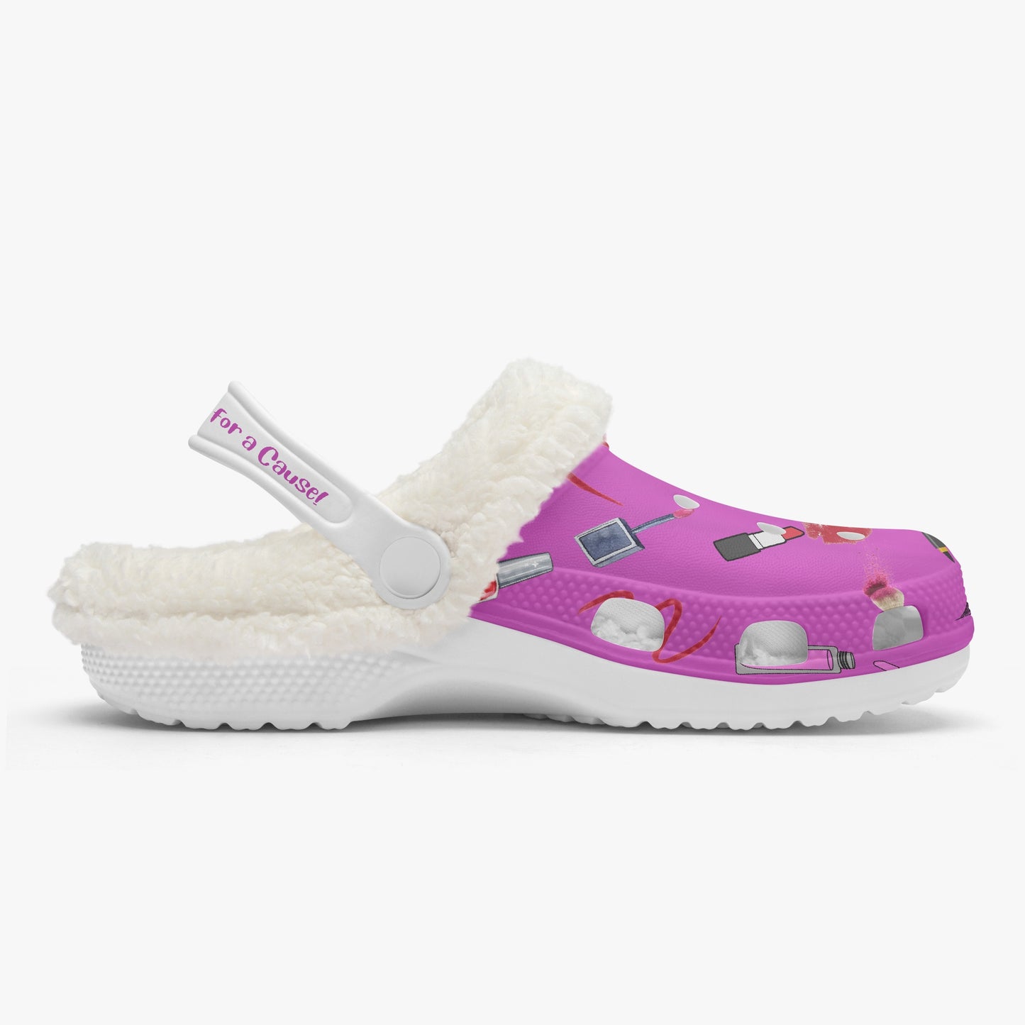 Pink fuzzy clogs for women slides with white fluffy lining and adjustable heel strap