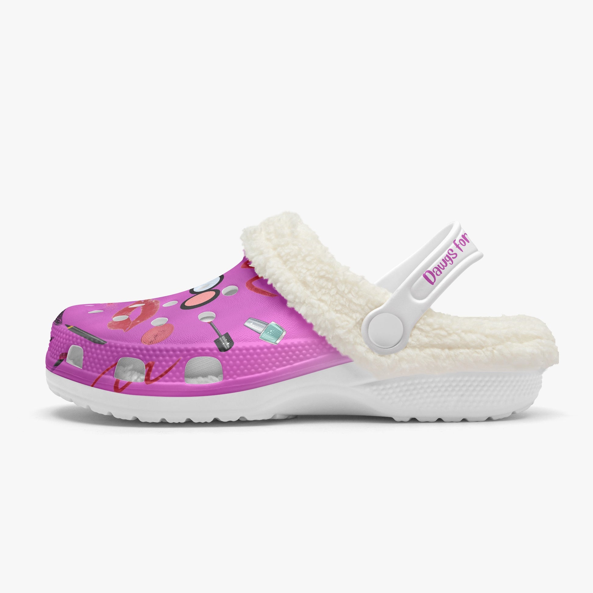 Pink fuzzy clogs for women slides with white plush lining and beauty-themed decorations