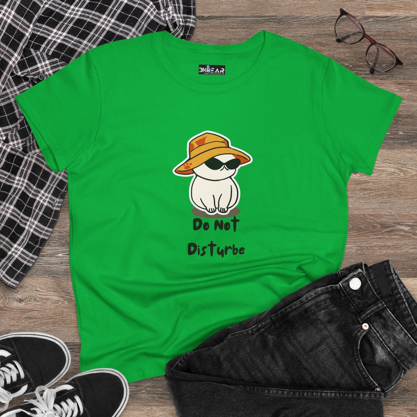 Green do not disturb graphic tee women with cute cat wearing sunglasses and hat print