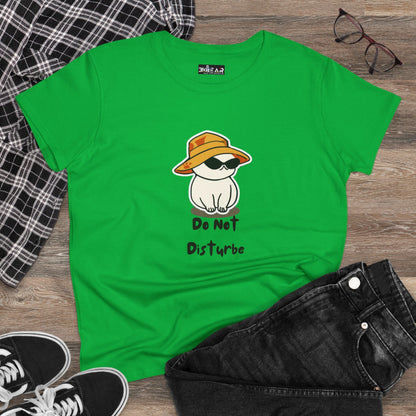 Green do not disturb graphic tee women with cute cat wearing sunglasses and hat print