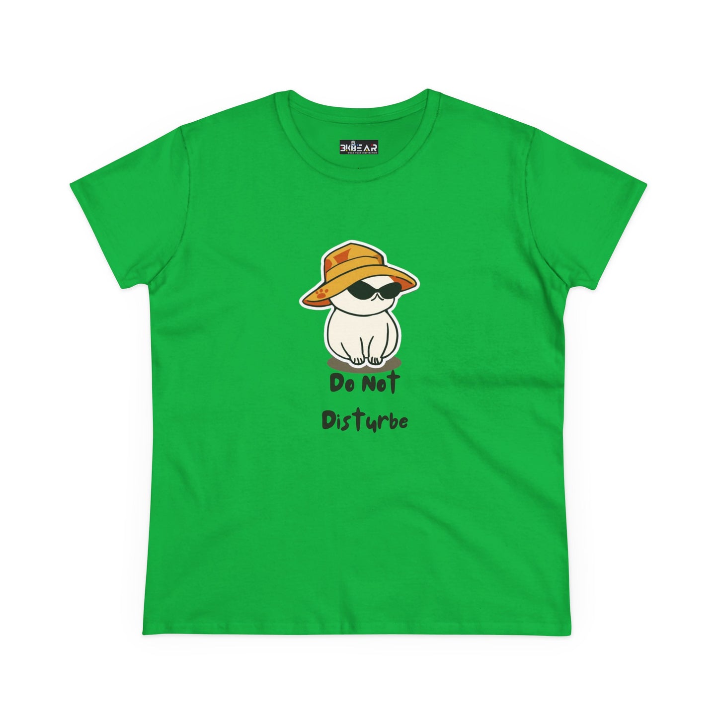 Green do not disturb graphic tee women with cartoon cat wearing sunglasses and hat