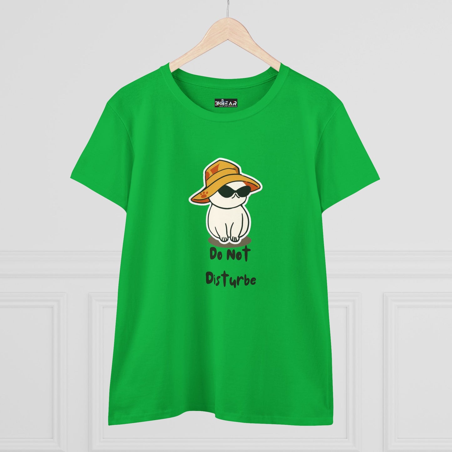 Green do not disturb graphic tee women featuring a cat with sunglasses and a hat from Printify