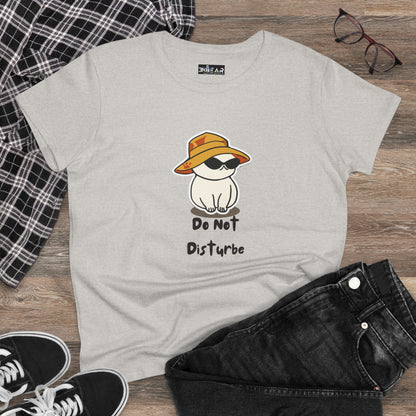 Printify do not disturb graphic tee women in light gray with cat illustration and sunglasses