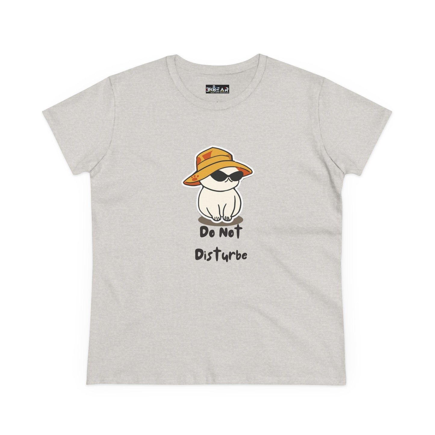 Printify do not disturb graphic tee women with cat wearing sunglasses and hat on light gray background