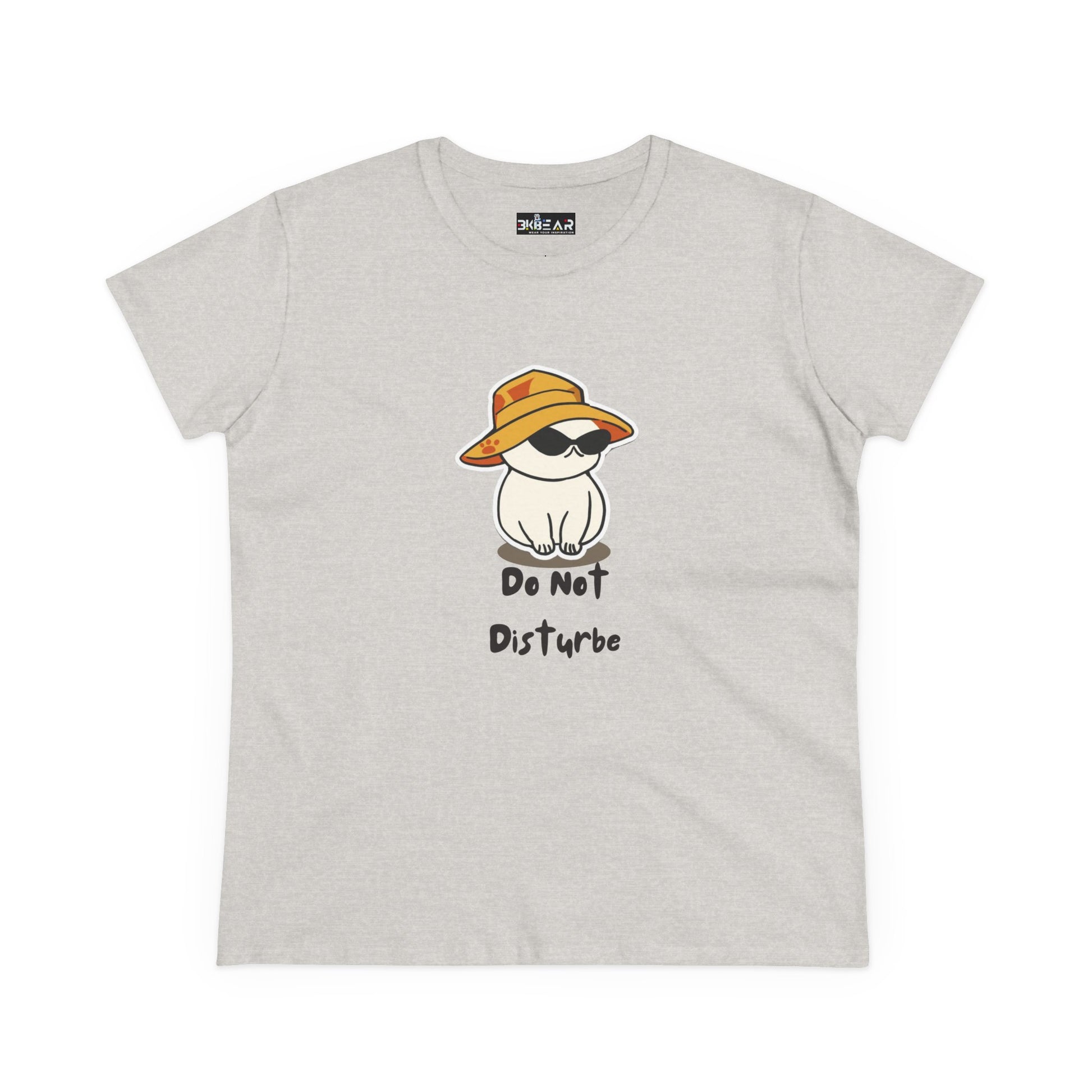 Printify do not disturb graphic tee women with cat wearing sunglasses and hat on light gray background