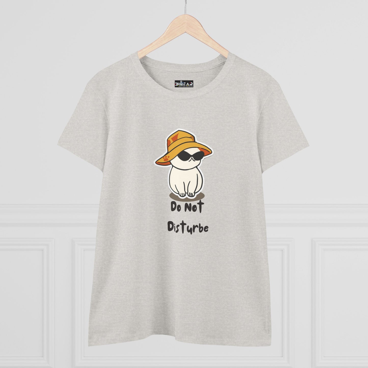 Printify do not disturb graphic tee women in light gray with cute cat wearing hat and sunglasses