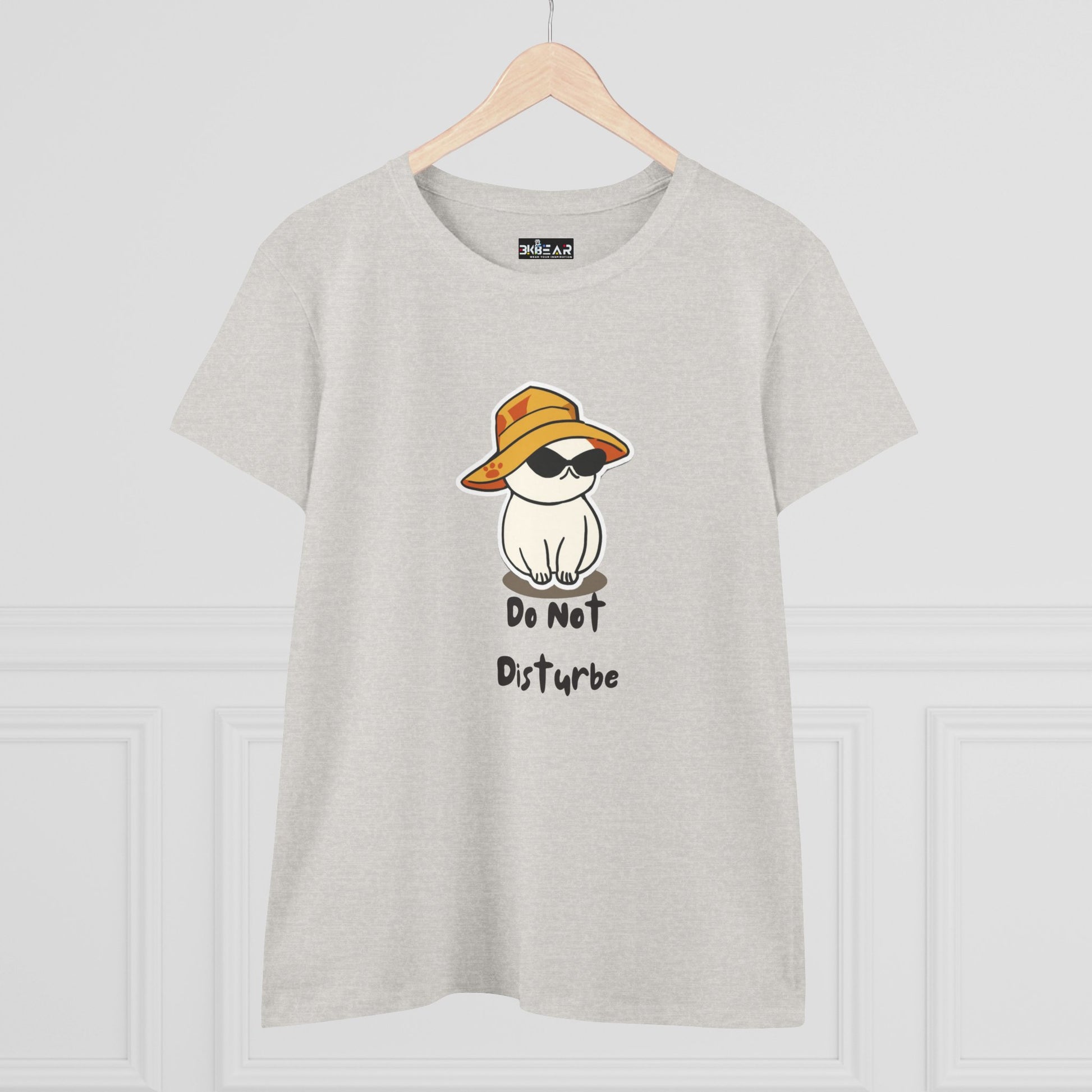 Printify do not disturb graphic tee women in light gray with cute cat wearing hat and sunglasses