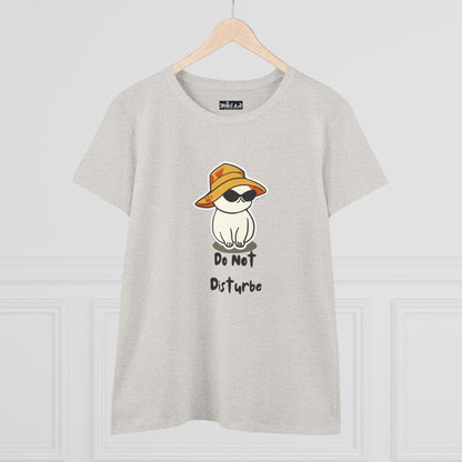 Printify do not disturb graphic tee women in light gray with cute cat wearing hat and sunglasses