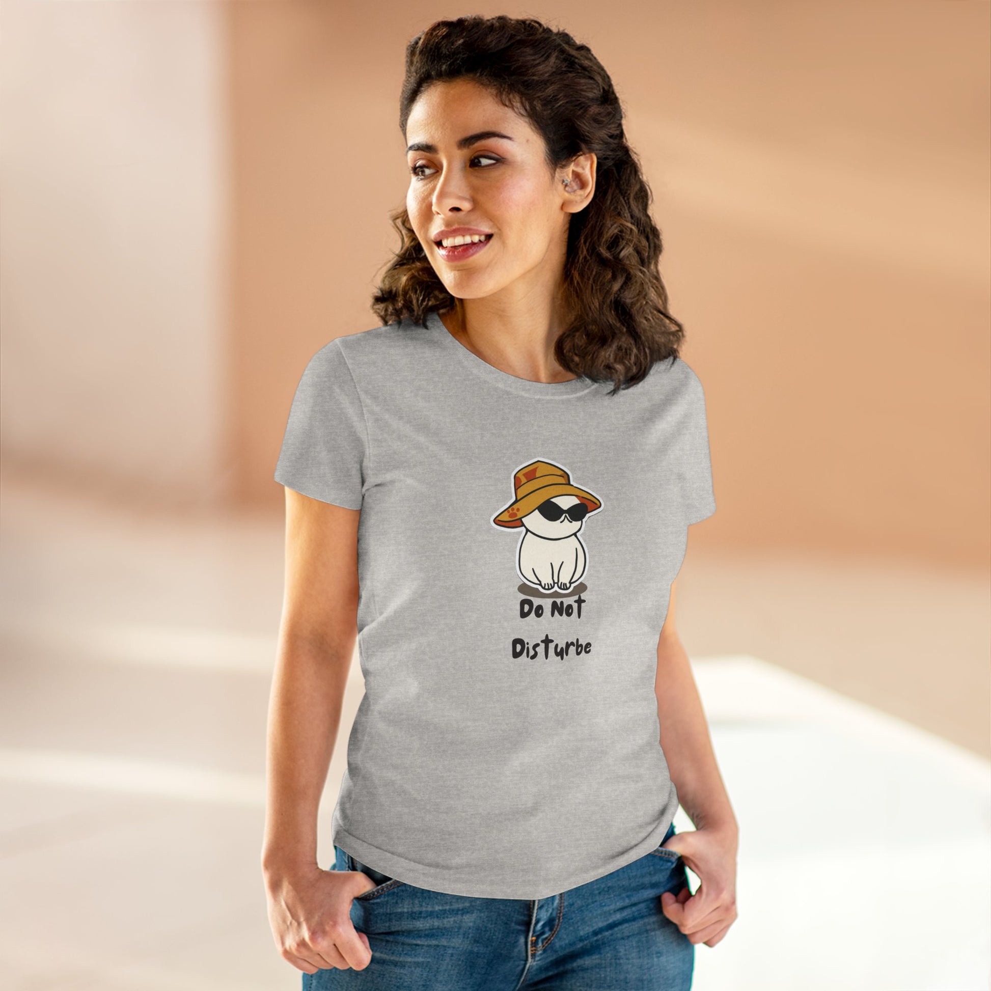 Printify do not disturb graphic tee women in light gray with cartoon cat wearing hat and sunglasses