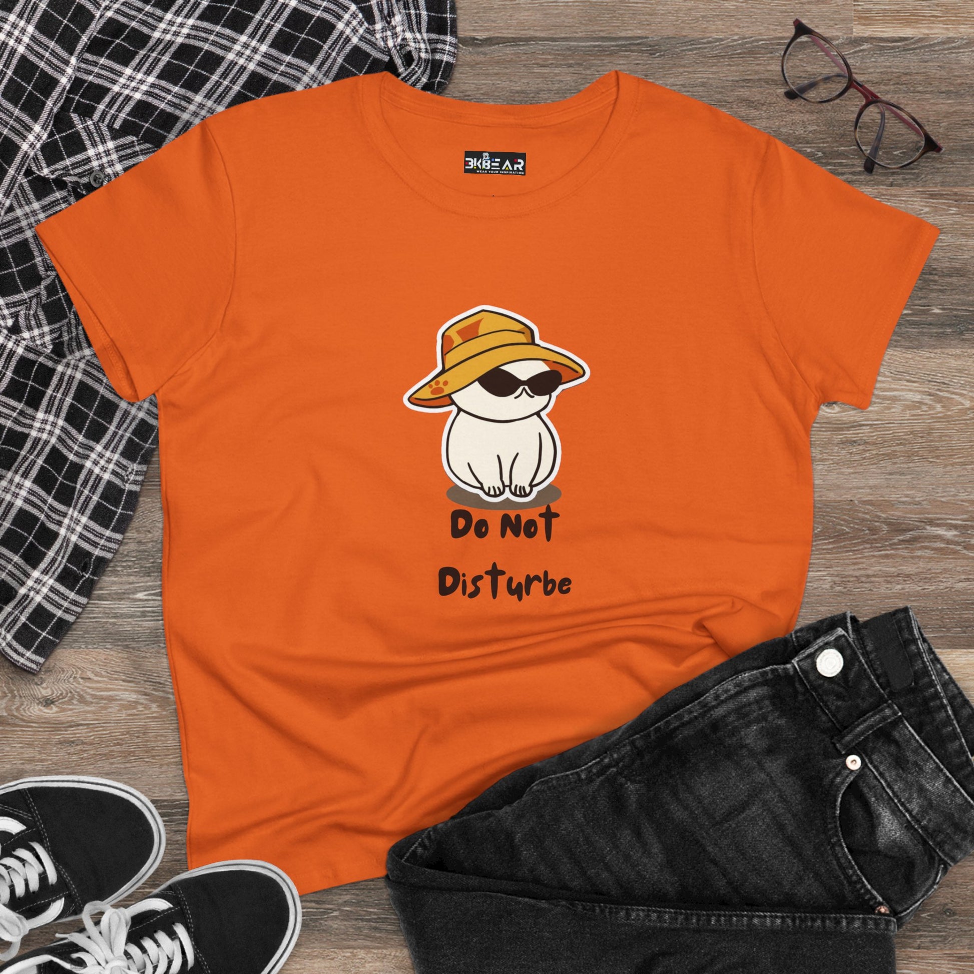 Orange do not disturb graphic tee women with cartoon cat wearing sunglasses and hat from Printify