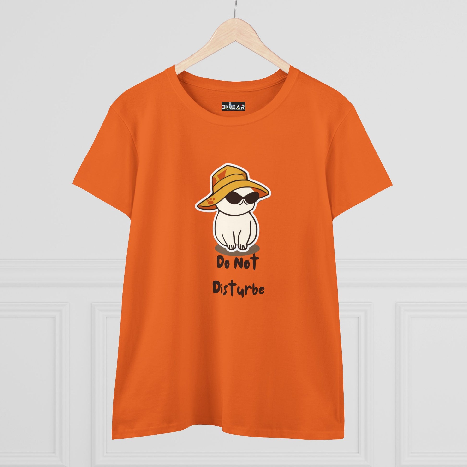 Orange do not disturb graphic tee women featuring a cool cat with sunglasses and hat from Printify