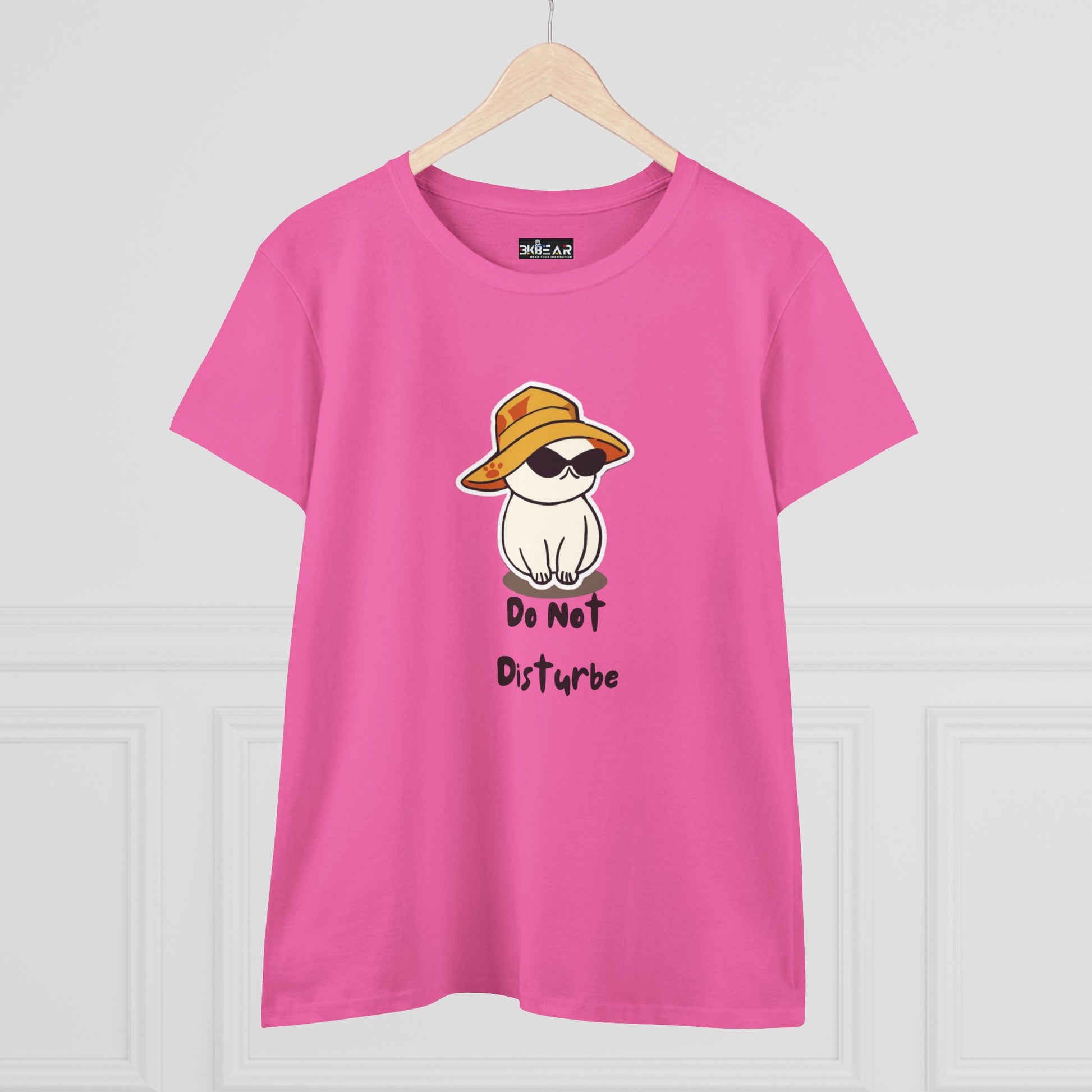 Pink do not disturb graphic tee women featuring a cute cat with sunglasses and a hat