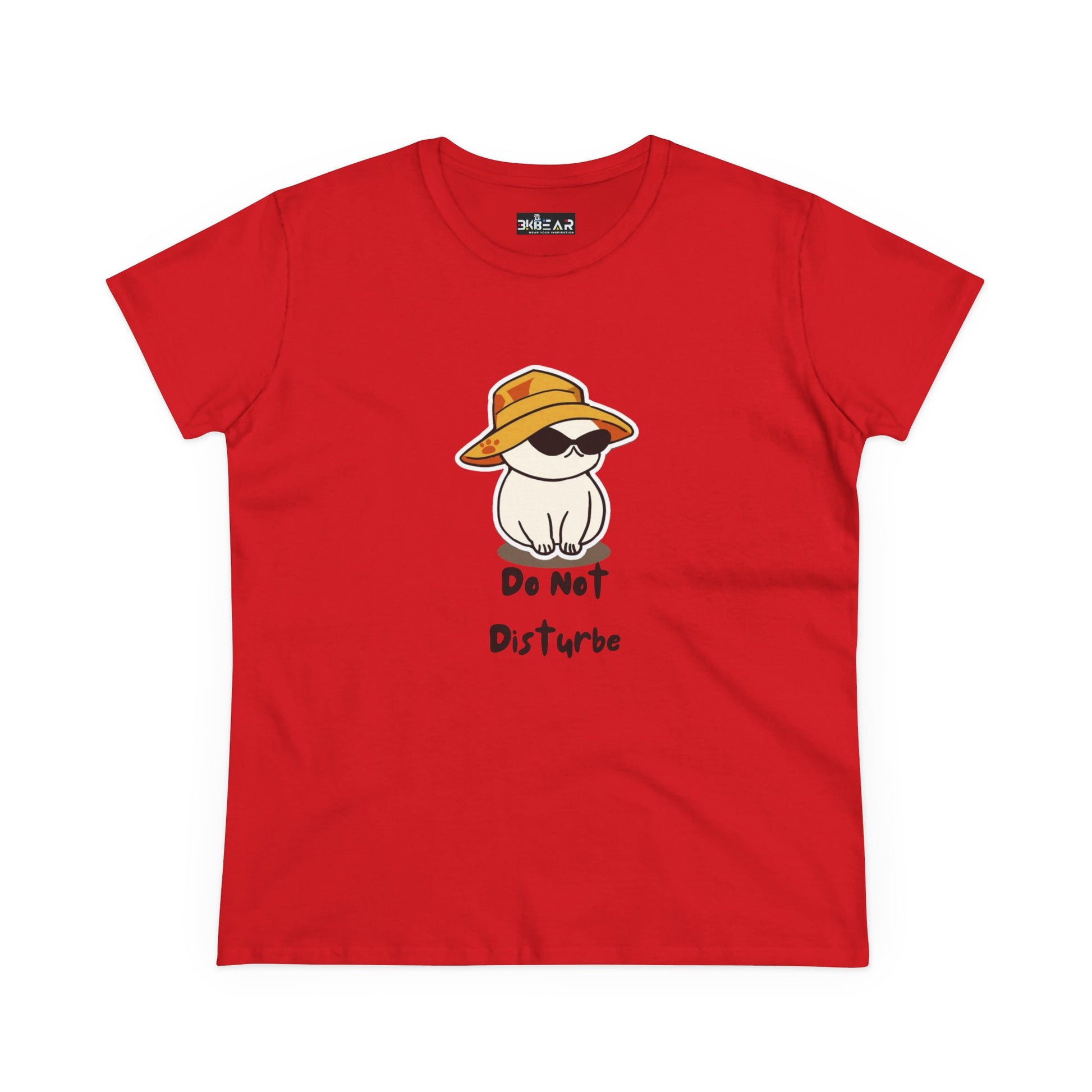 Red Printify do not disturb graphic tee women with a cat wearing sunglasses and a hat
