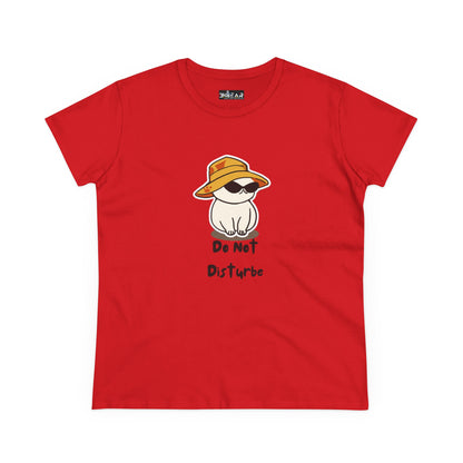 Red Printify do not disturb graphic tee women with a cat wearing sunglasses and a hat