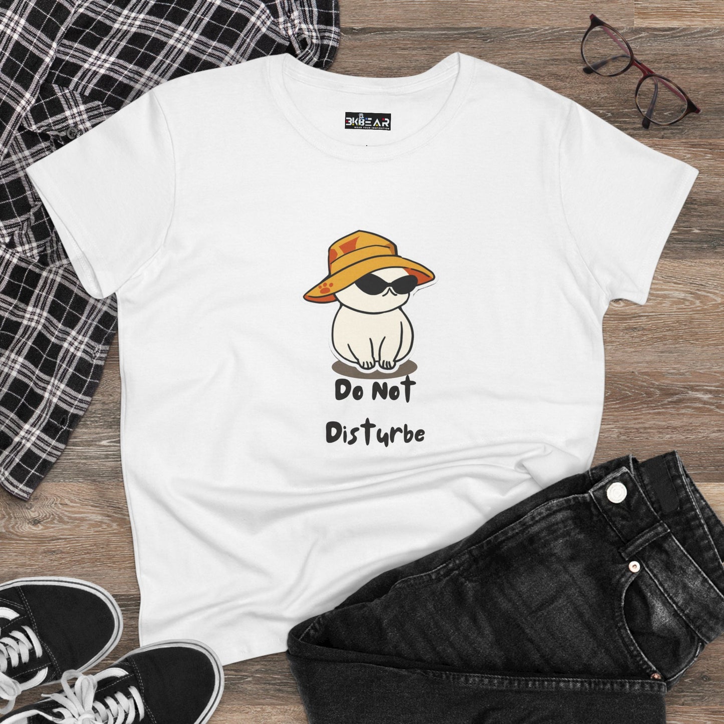 White Printify do not disturb graphic tee women with cute dog wearing sunglasses and hat