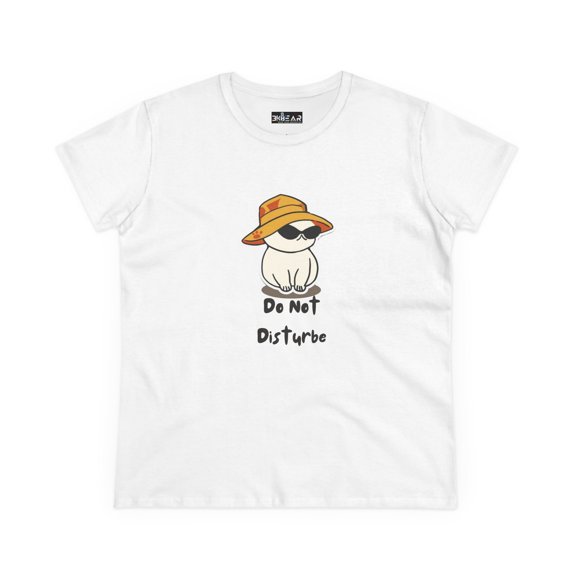White do not disturb graphic tee women with cute cat wearing hat and sunglasses print