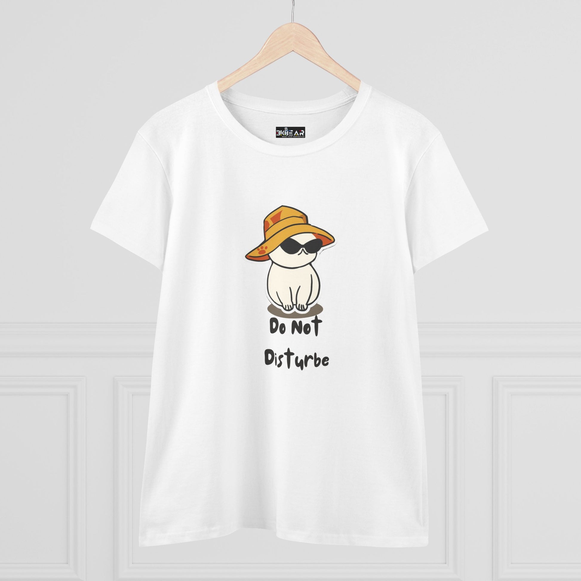 White do not disturb graphic tee women with cat wearing sunglasses and sun hat printed on front