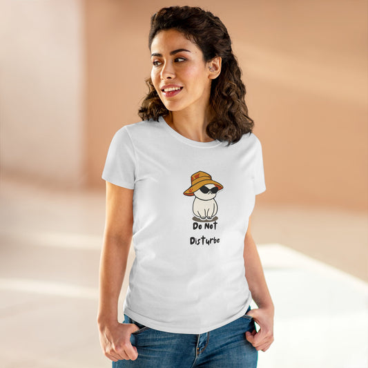 Printify do not disturb graphic tee women with cat wearing sunglasses and hat design on white shirt