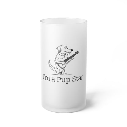 Printify dog guitar frosted beer mug with cartoon dog playing guitar and I’m a Pup Star text