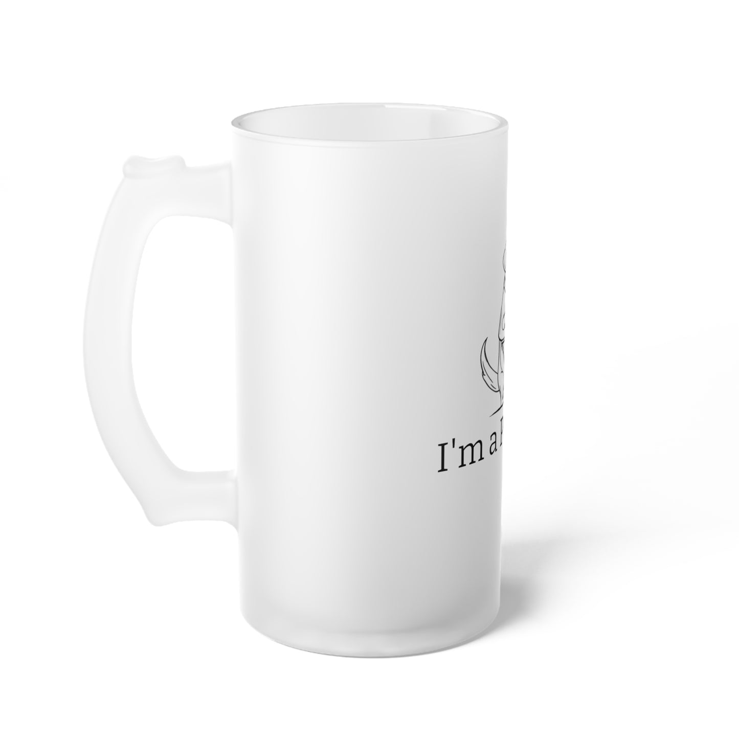 White dog guitar frosted beer mug with handle from Printify showing partial text design