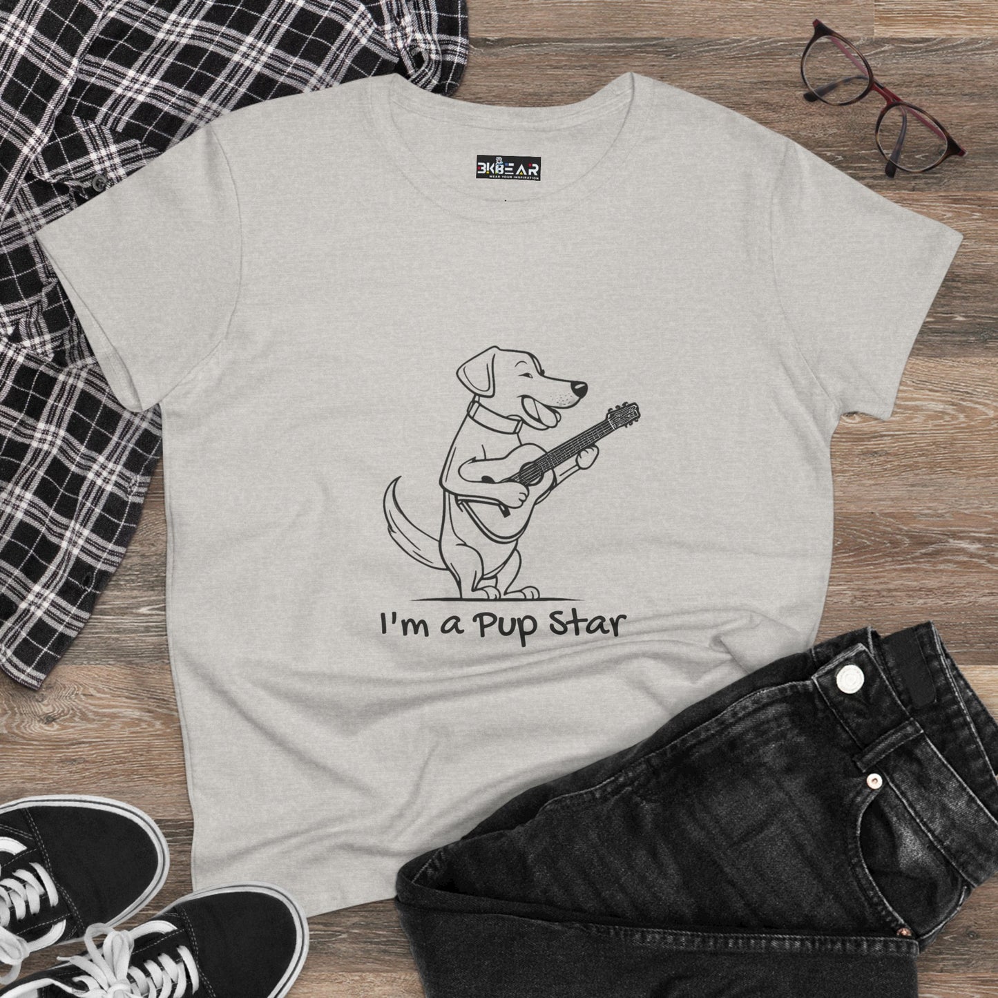 Light gray dog guitar t-shirt from Printify featuring a cartoon dog playing guitar with Pup Star text