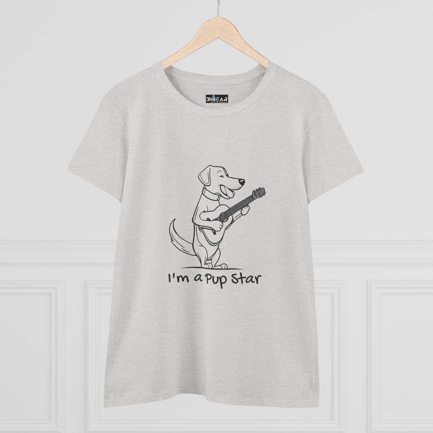 Light gray Printify dog guitar t-shirt featuring a cartoon dog playing a guitar with I’m a Pup Star text
