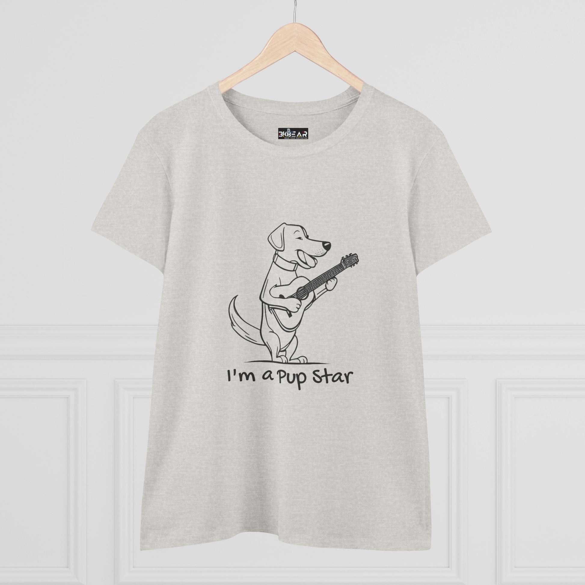 Light gray Printify dog guitar t-shirt featuring a cartoon dog playing a guitar with I’m a Pup Star text