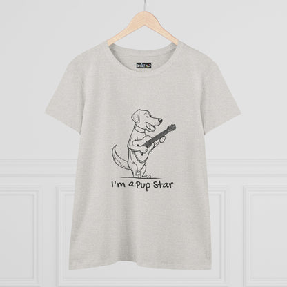 Light gray Printify dog guitar t-shirt featuring a cartoon dog playing a guitar with I’m a Pup Star text