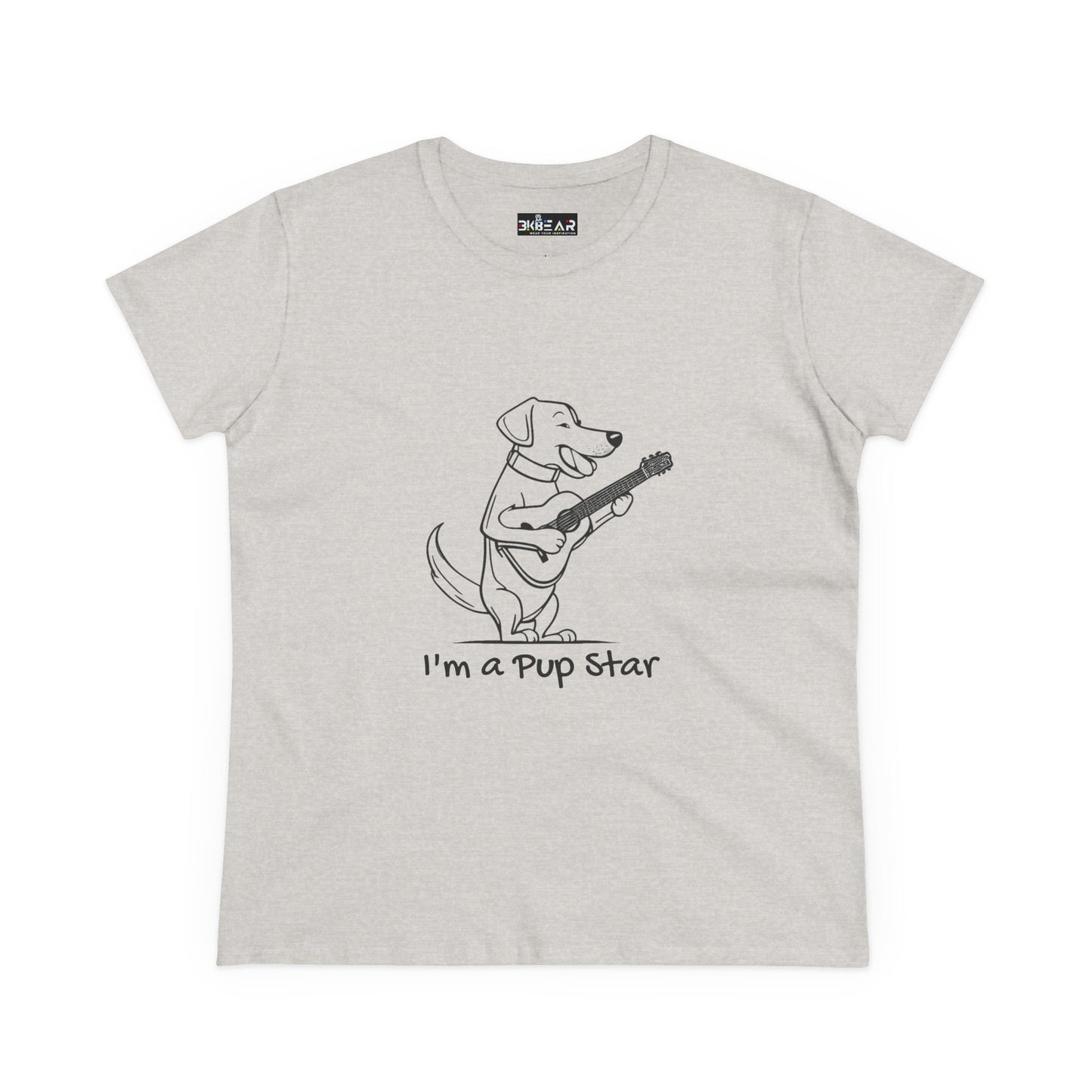 Light gray dog guitar t-shirt with cute cartoon dog playing guitar and Im a pup star text