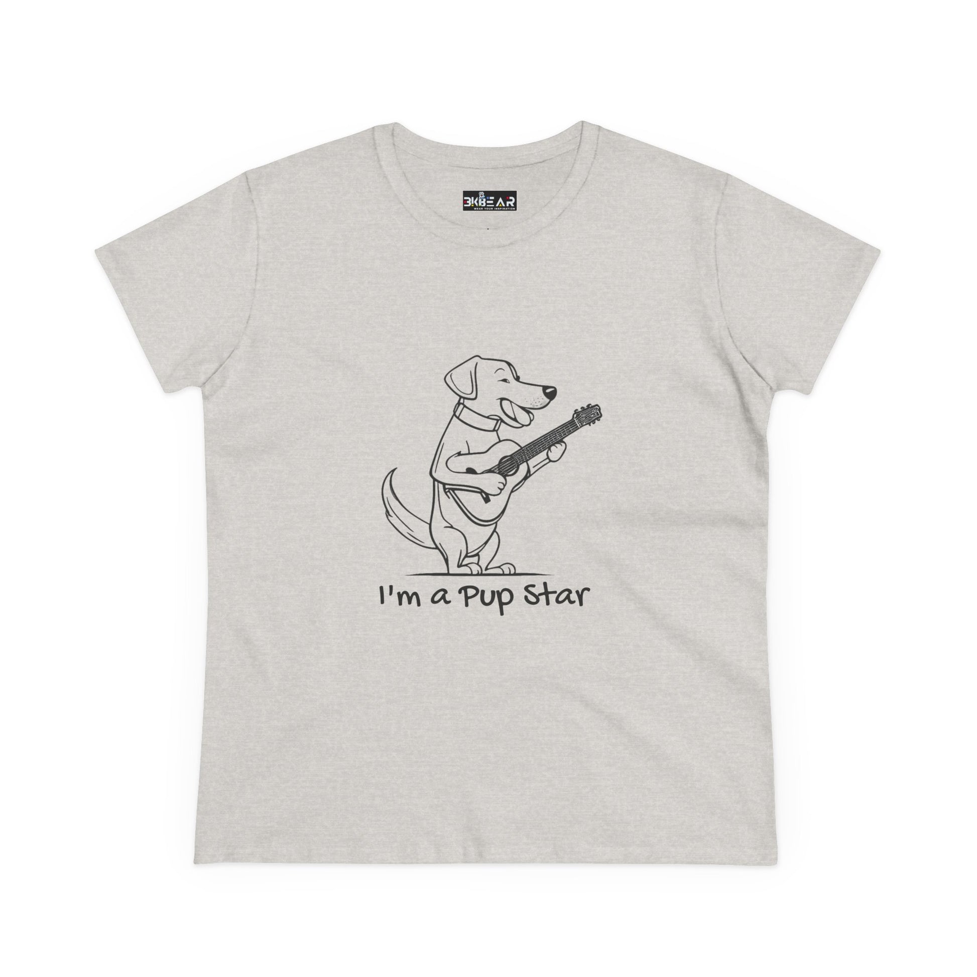 Light gray dog guitar t-shirt with cute cartoon dog playing guitar and Im a pup star text