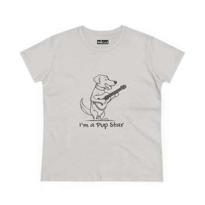 Light gray dog guitar t-shirt with cute cartoon dog playing guitar and Im a pup star text