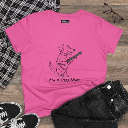 Pink dog guitar t-shirt with cartoon dog playing guitar and text I'm a Pup Star