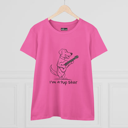 Pink Printify dog guitar t-shirt with a cartoon dog playing guitar and text I’m a pup star
