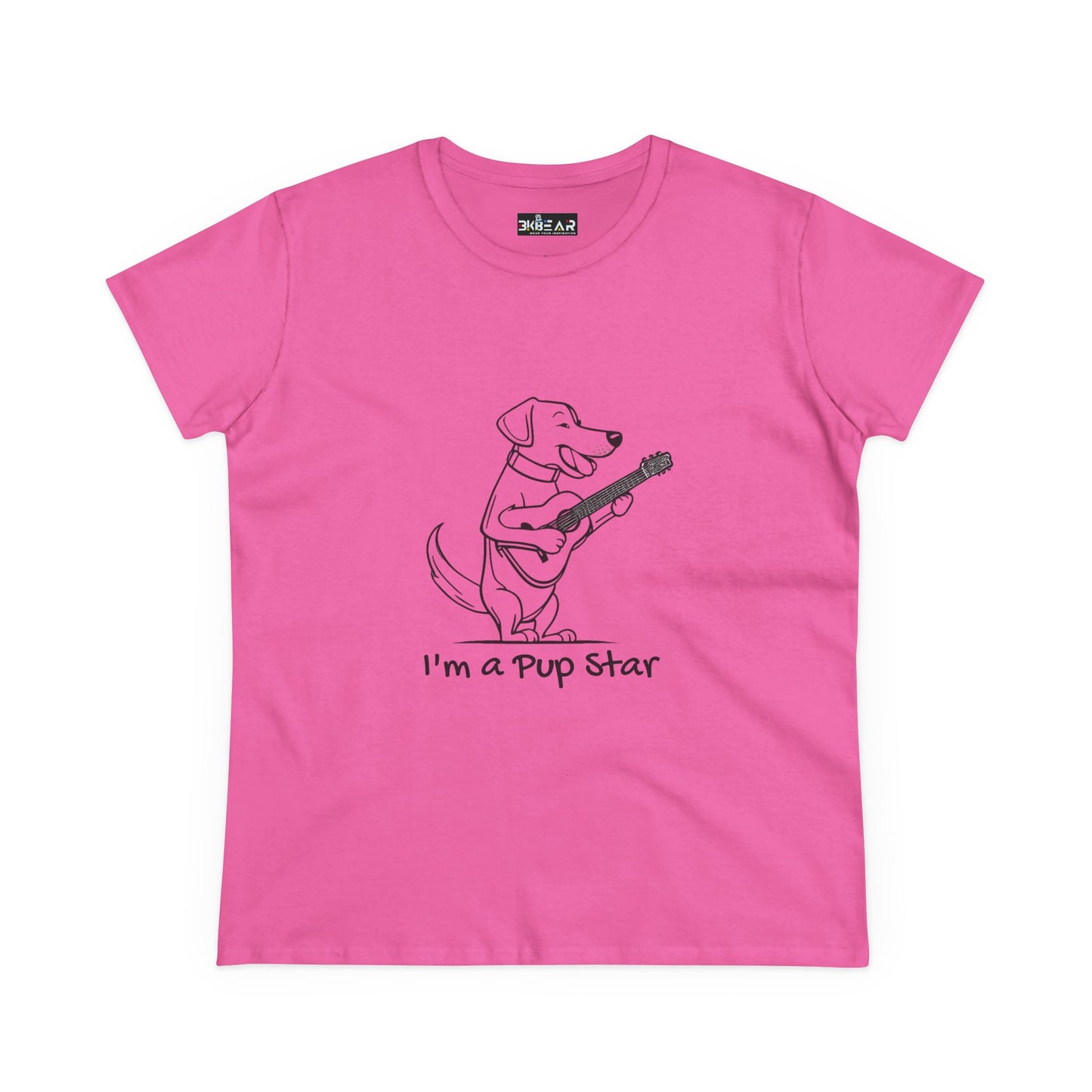 Pink dog guitar t-shirt with a cartoon dog playing guitar and text I'm a pup star