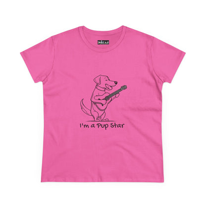 Pink dog guitar t-shirt with a cartoon dog playing guitar and text I'm a pup star