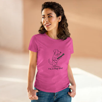 Woman wearing a pink dog guitar t-shirt with a cartoon dog playing guitar and text I’m a Pup Star