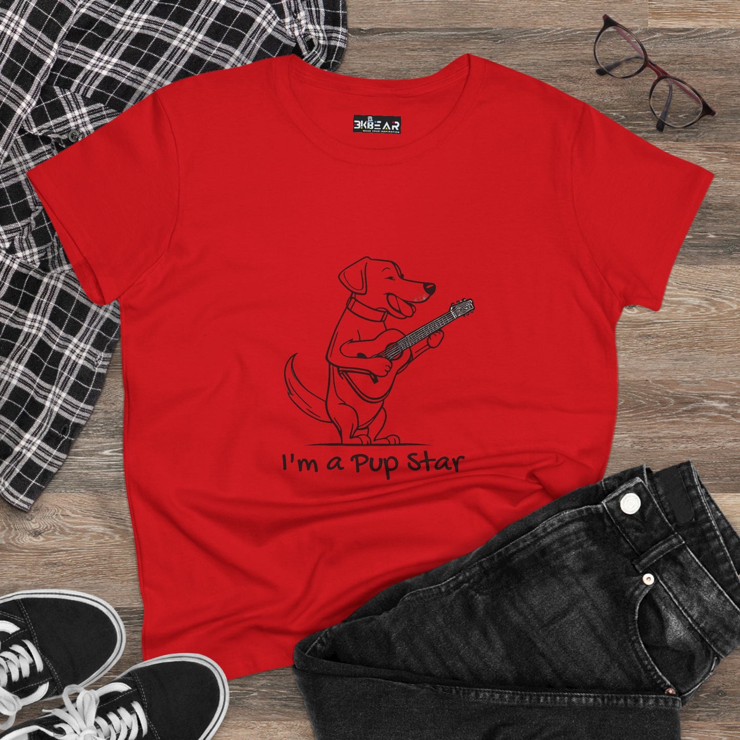 Red dog guitar t-shirt with cartoon dog playing guitar and text I'm a Pup Star