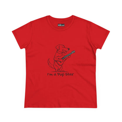 Red dog guitar t-shirt featuring a playful dog playing guitar with the phrase I’m a pup star