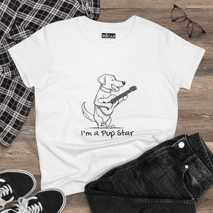 White dog guitar t-shirt with cartoon dog playing guitar and text I'm a Pup Star by Printify