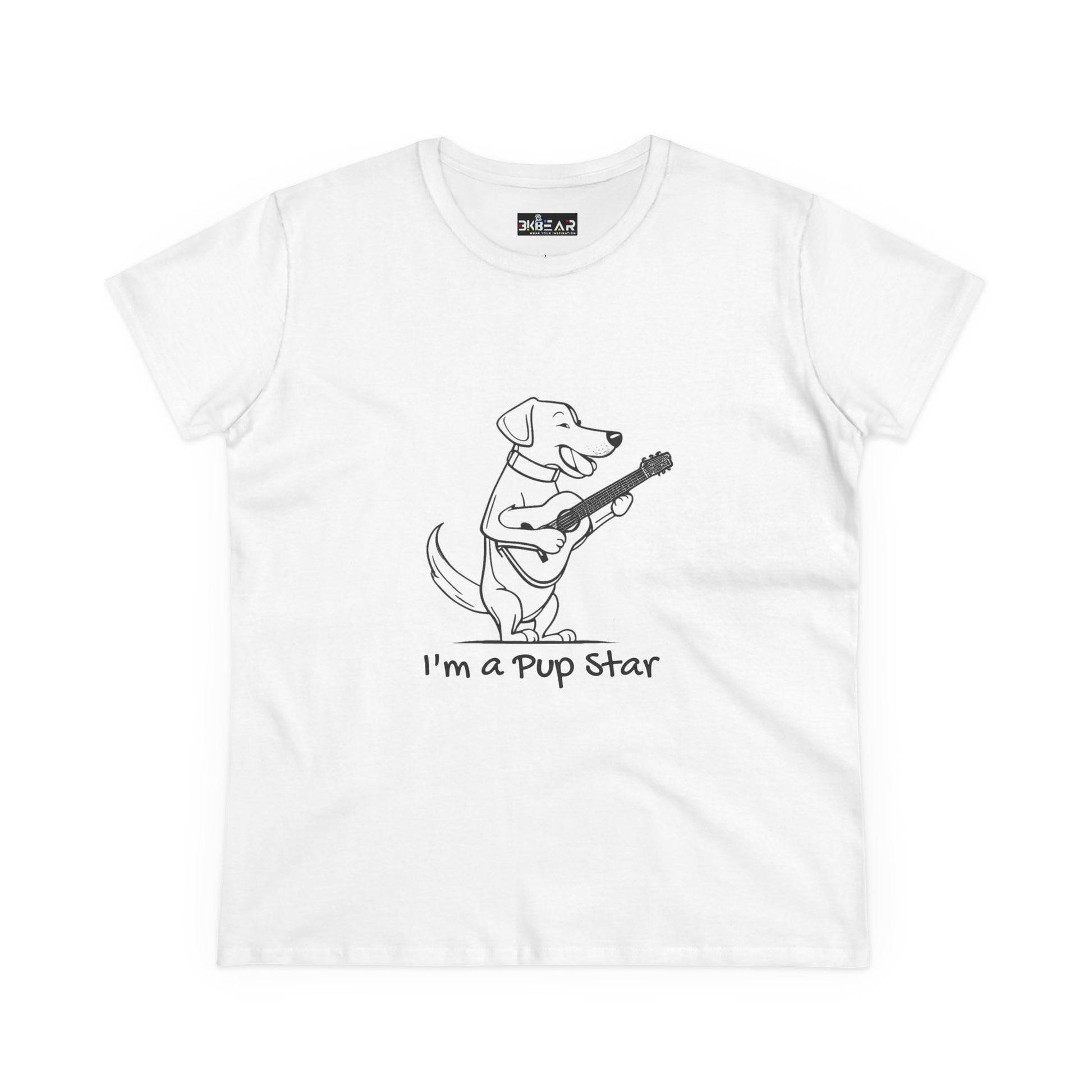 White dog guitar t-shirt featuring a playful dog playing guitar with I’m a Pup Star text