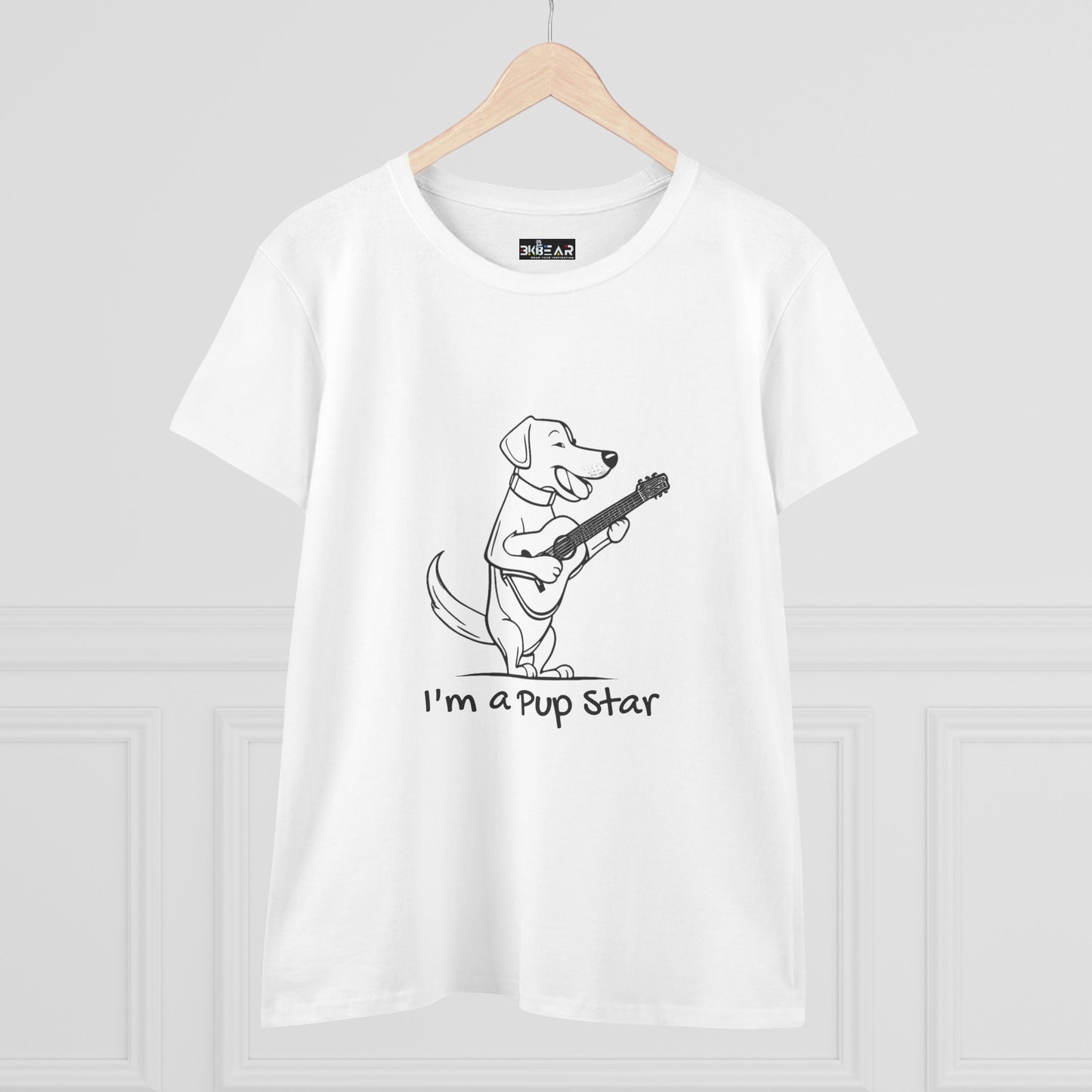 White dog guitar t-shirt with a cartoon dog playing guitar and text I'm a pup star