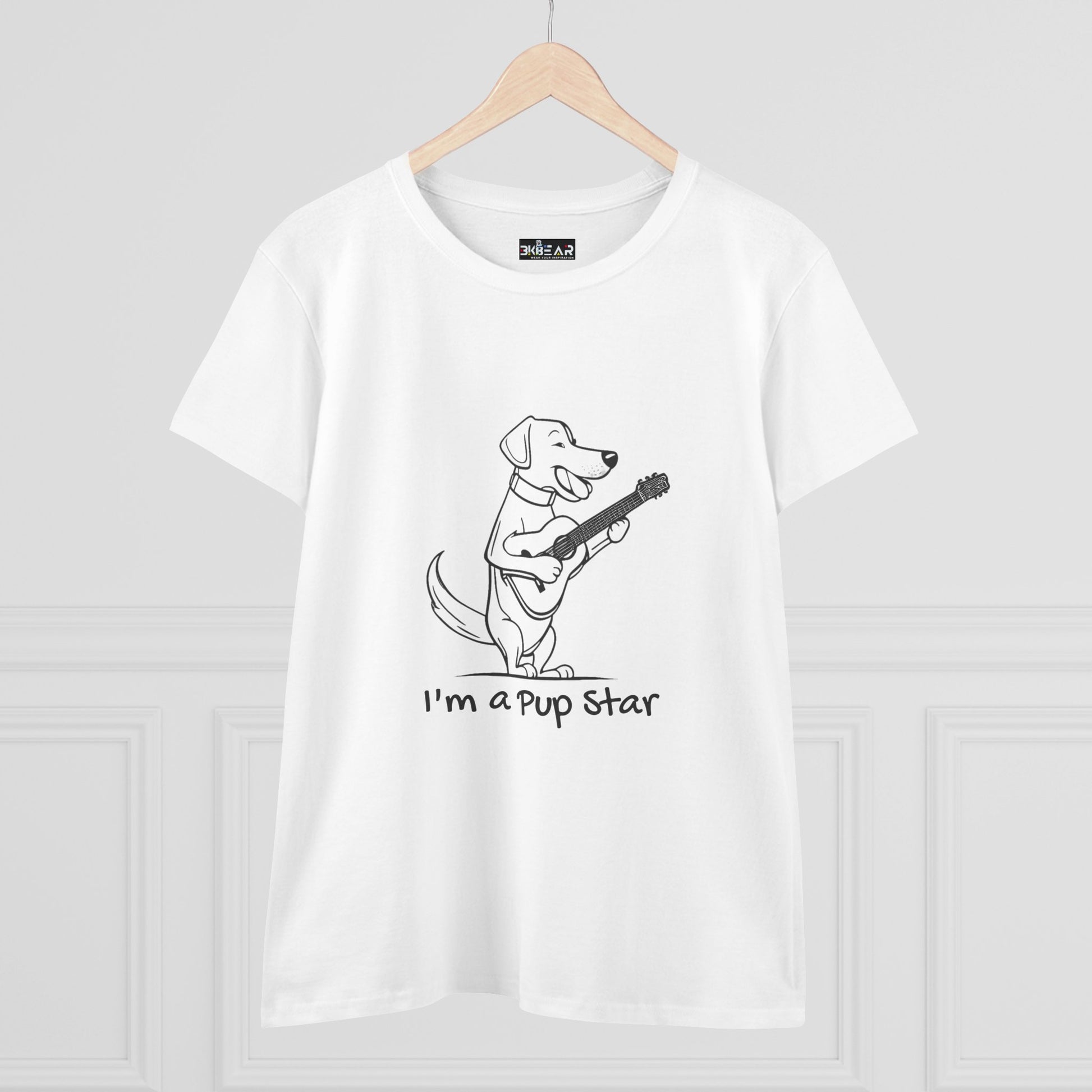 White dog guitar t-shirt with a cartoon dog playing guitar and text I'm a pup star