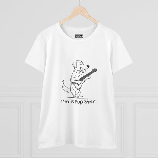 White dog guitar t-shirt with a cartoon dog playing guitar and text I'm a pup star