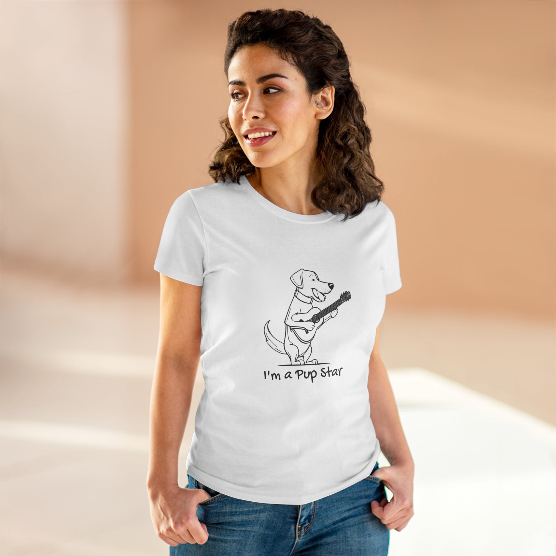 White dog guitar t-shirt from Printify featuring a cartoon dog playing guitar with Pup Star text