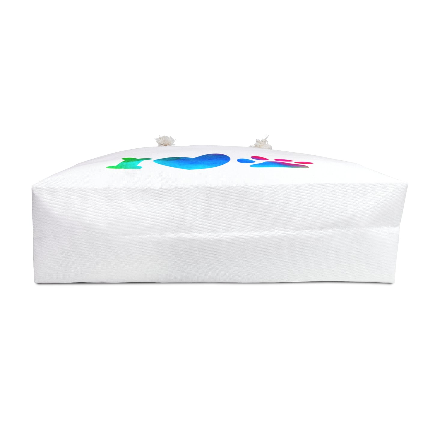 White dog lover weekender bag with colorful I heart paw print design from Printify