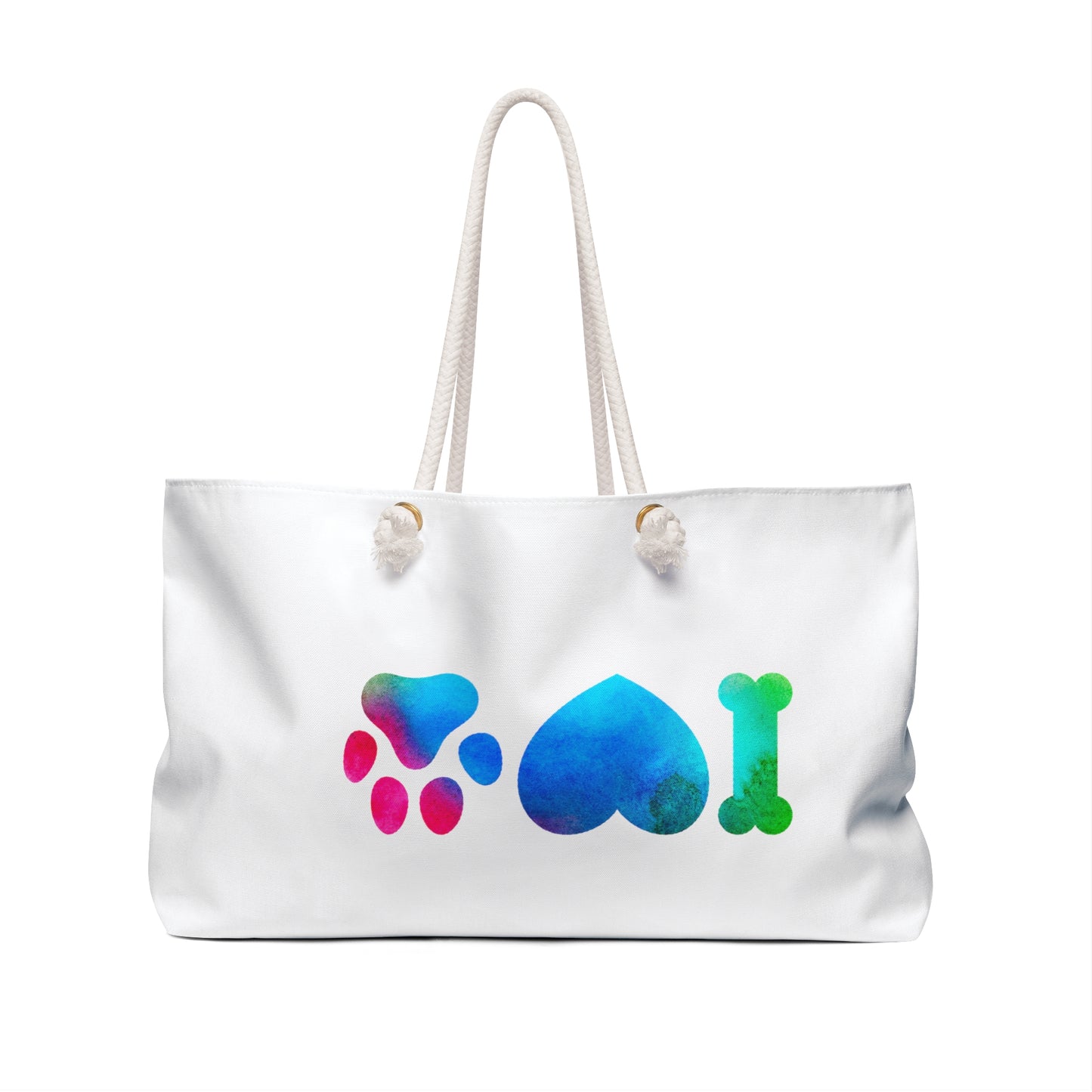 White dog lover weekender bag with colorful paw, heart, and bone designs and rope handles
