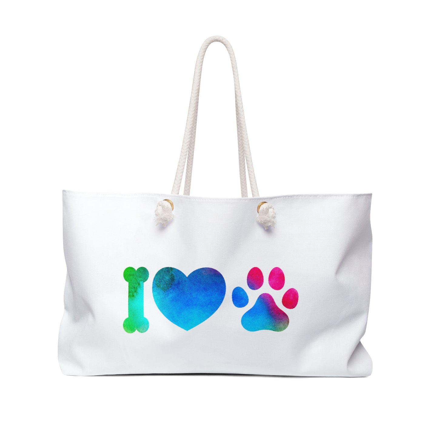 White dog lover weekender bag by Printify with colorful dog bone heart and paw print design