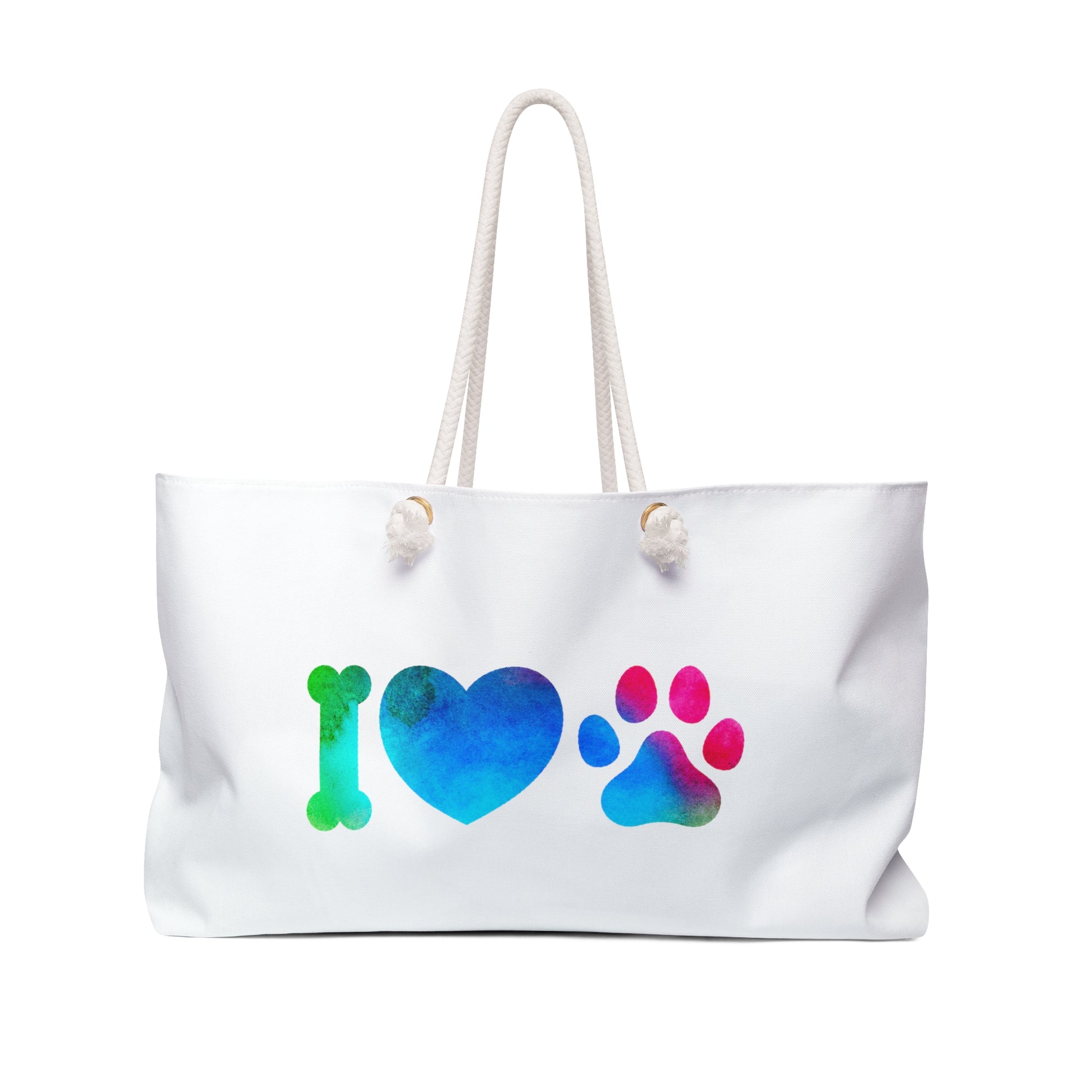 White dog lover weekender bag by Printify with colorful dog bone heart and paw print design