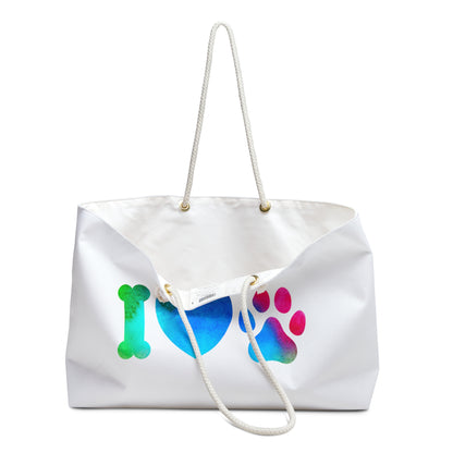 Printify dog lover weekender bag with colorful bone heart and paw design on white canvas
